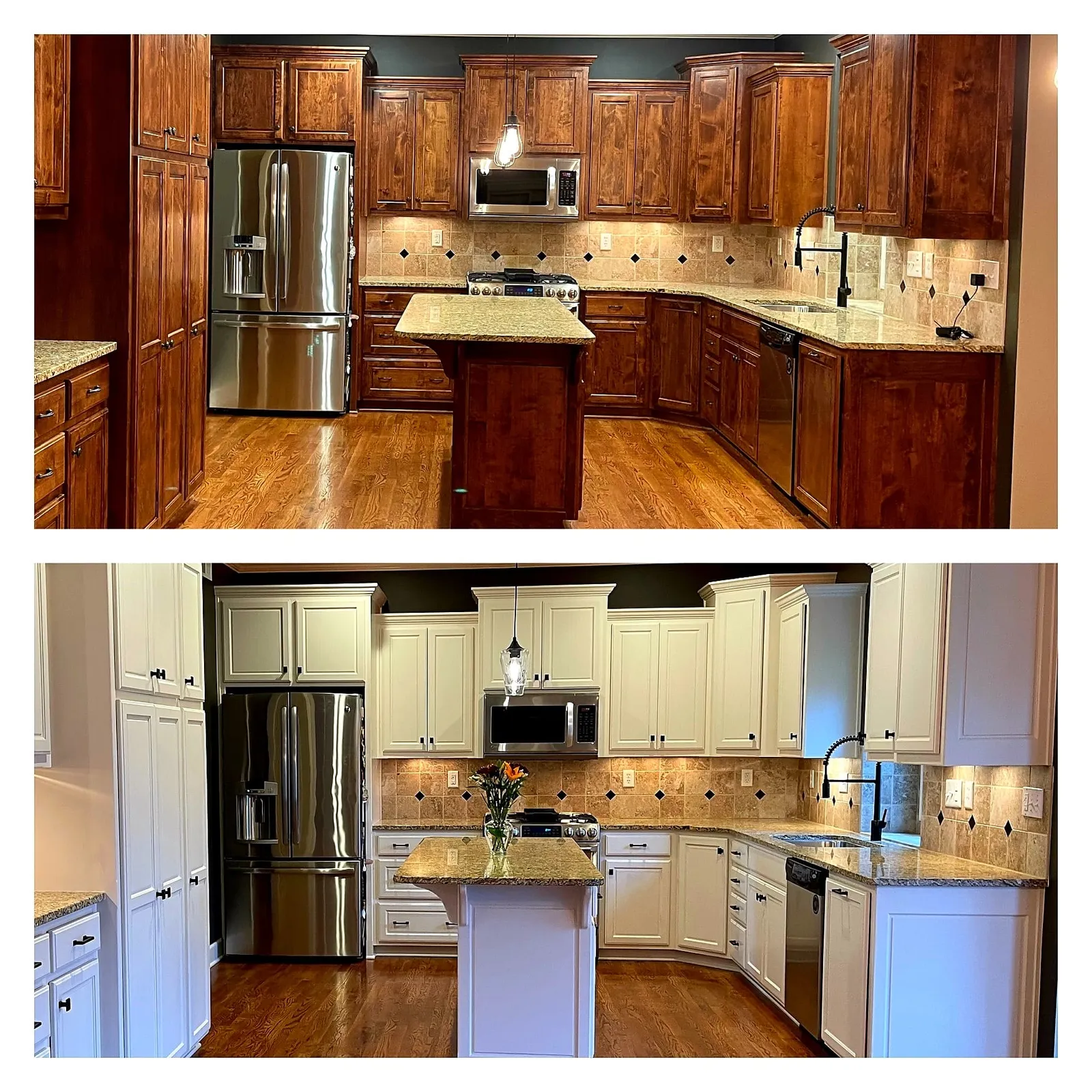 Before and after kitchen cabinet refinishing